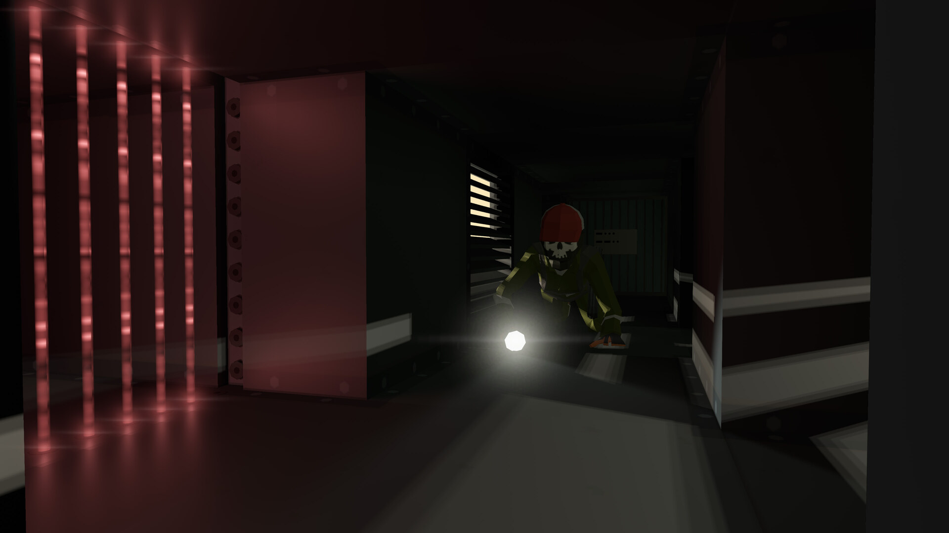 A screenshot from inside the CinQ ventilation system with a character shining a flashlight at red lasers