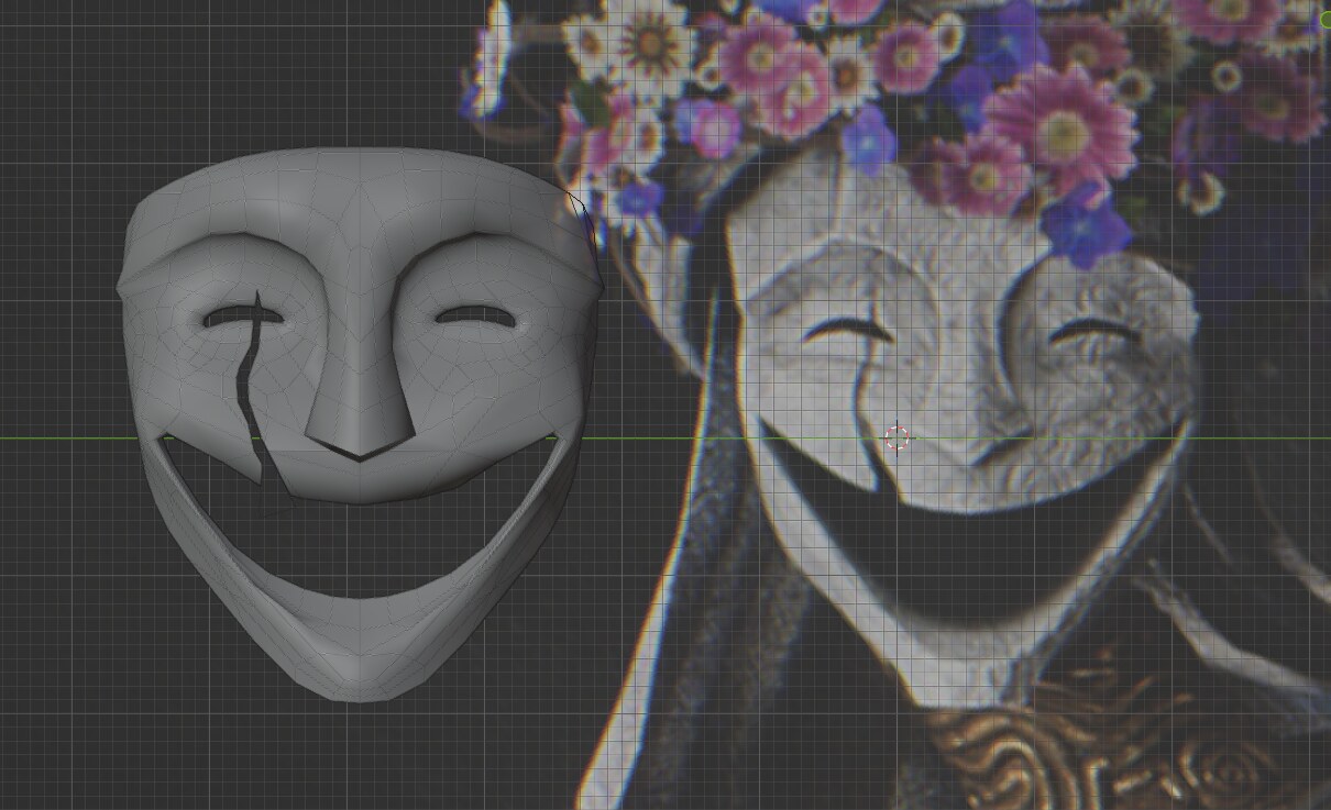 The first rough 3D model next to an image of the original character from the game