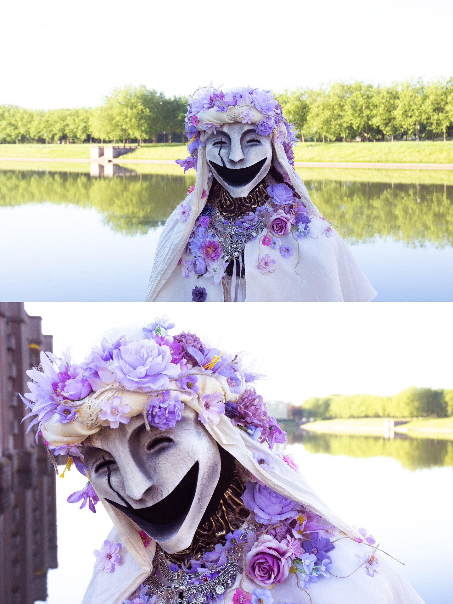 The mask, 3D-printed and painted, worn as part of a full costume