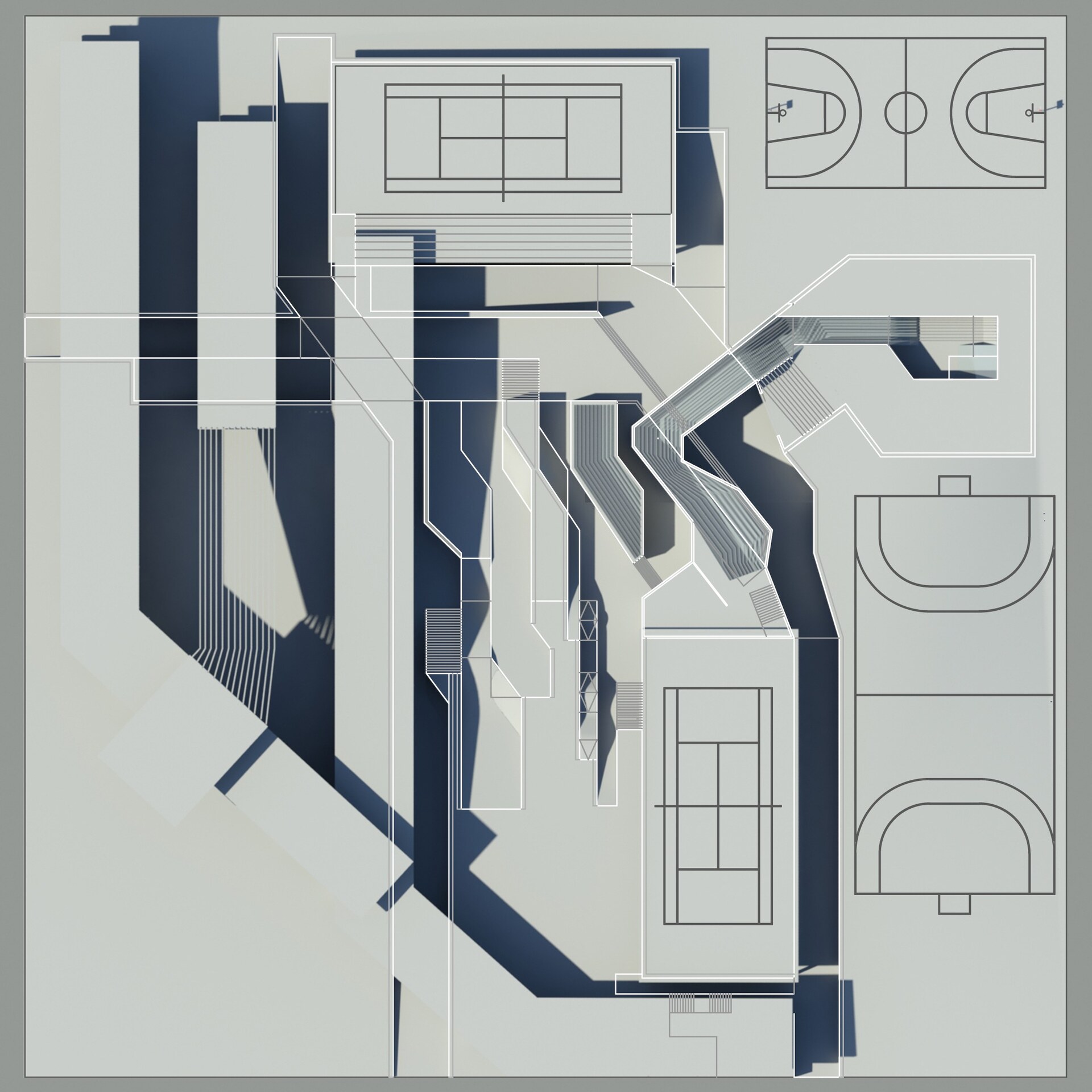 3D-rendered top-view of a skatepark, housing and public infrastructure project with the 2D plan overlaid on top of it