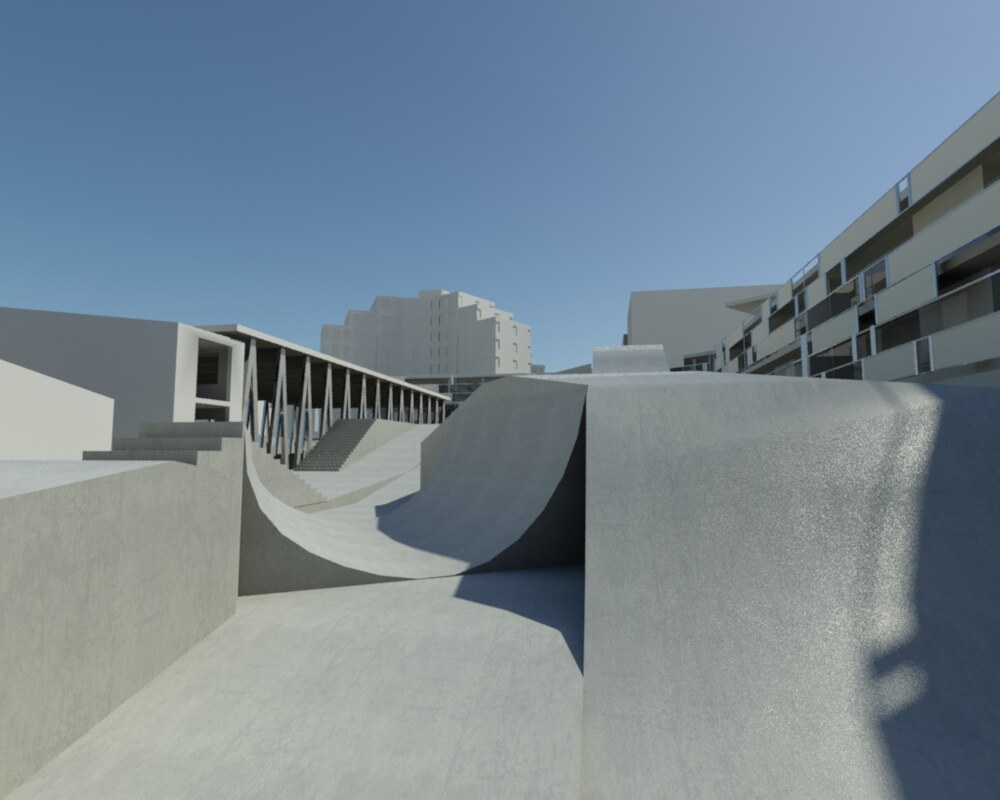 3D-rendered view of the project's skatepark