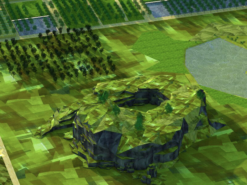 An axonometric view of a 3D environment with a rock formation and trees
