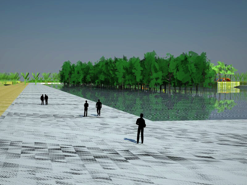 A 3D render of a plaza with trees growing out of a large pool