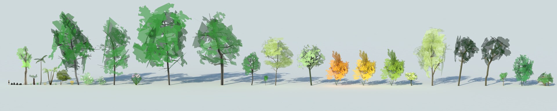 A set of 3D tree assets based on the studio's 2D tree models