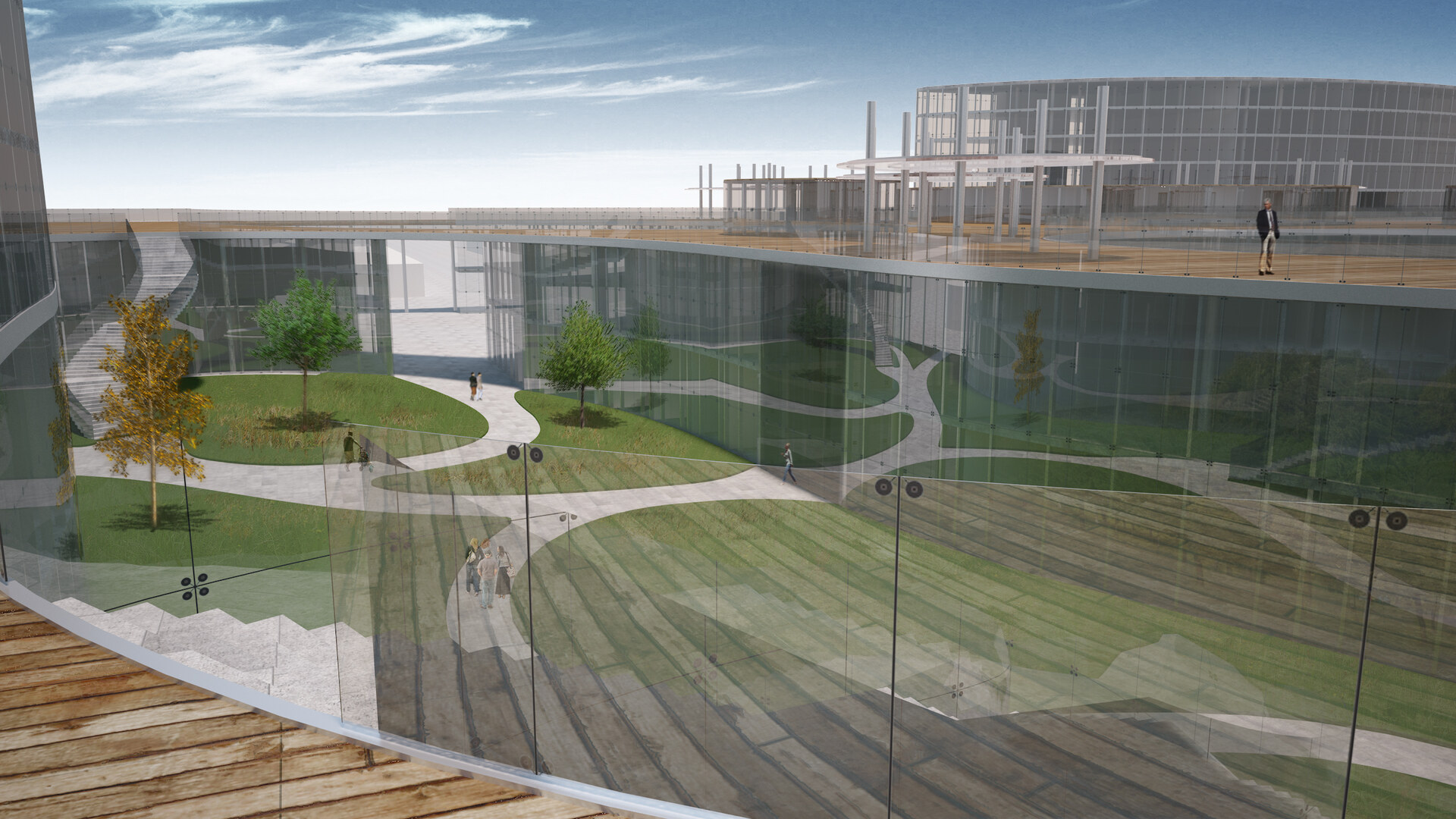 3D view of the open public spaces as viewed from the upper plaza