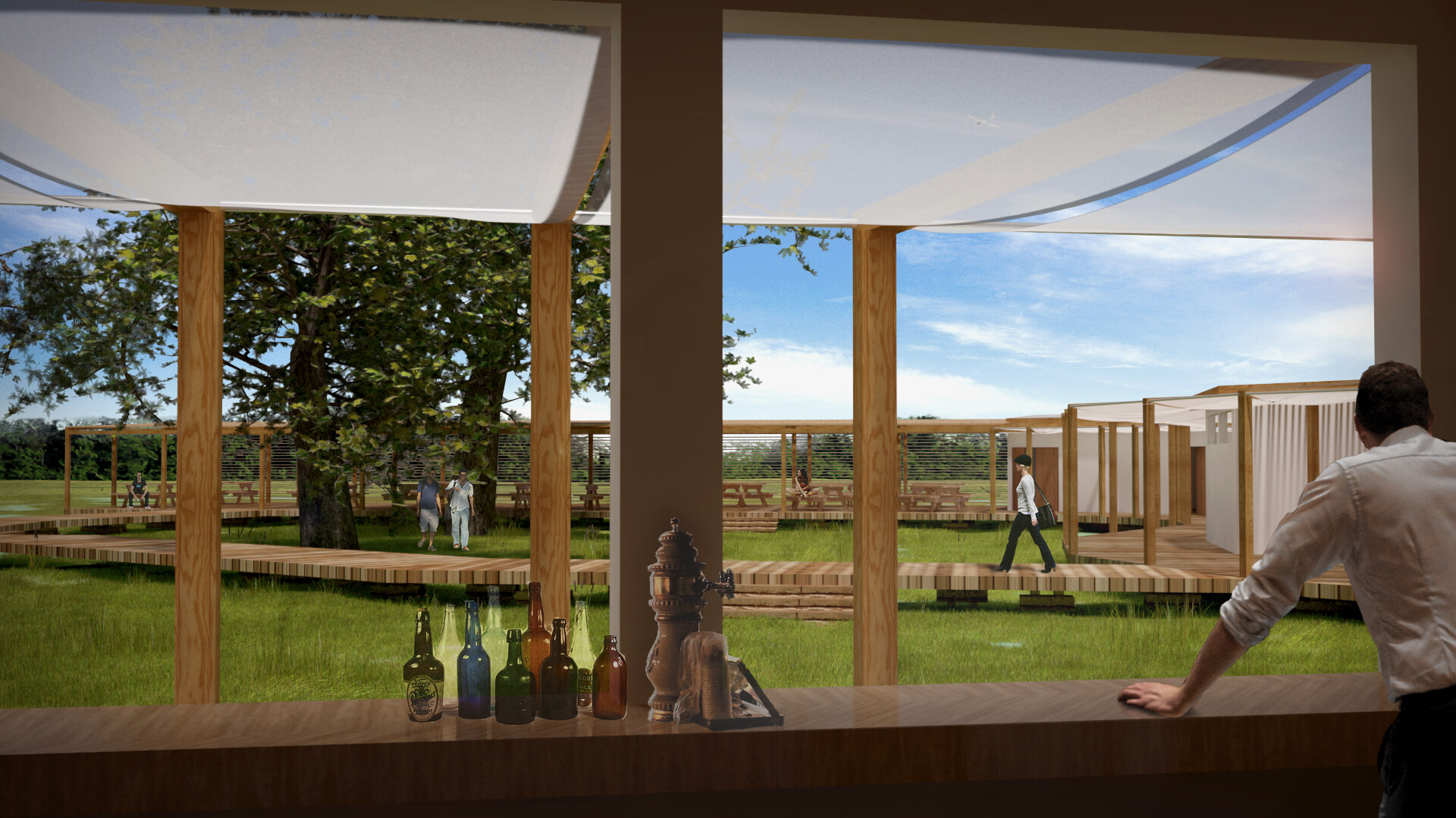 3D view of the public outdoor restaurant and activity center