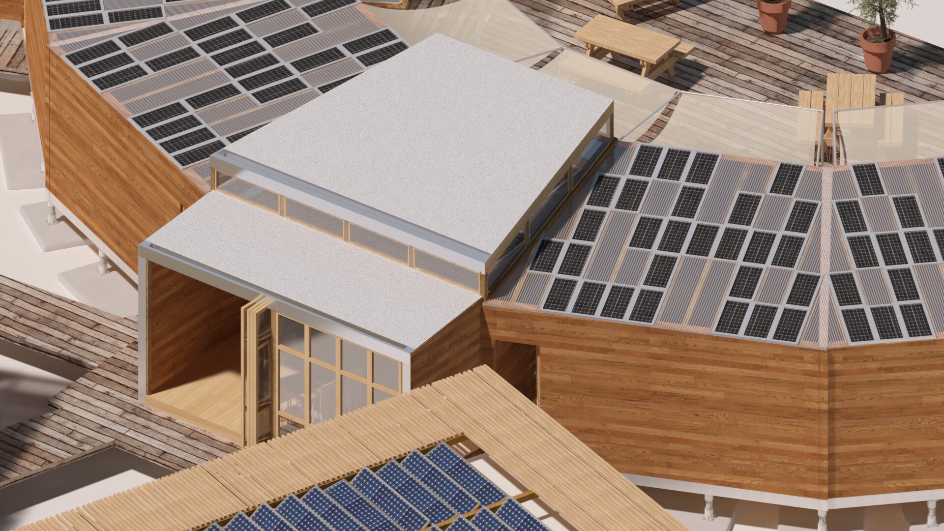 3D rendering of the communal buildings and steam workspaces