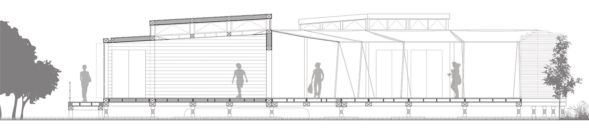 Cross-section with elevation of the main shared living quarters