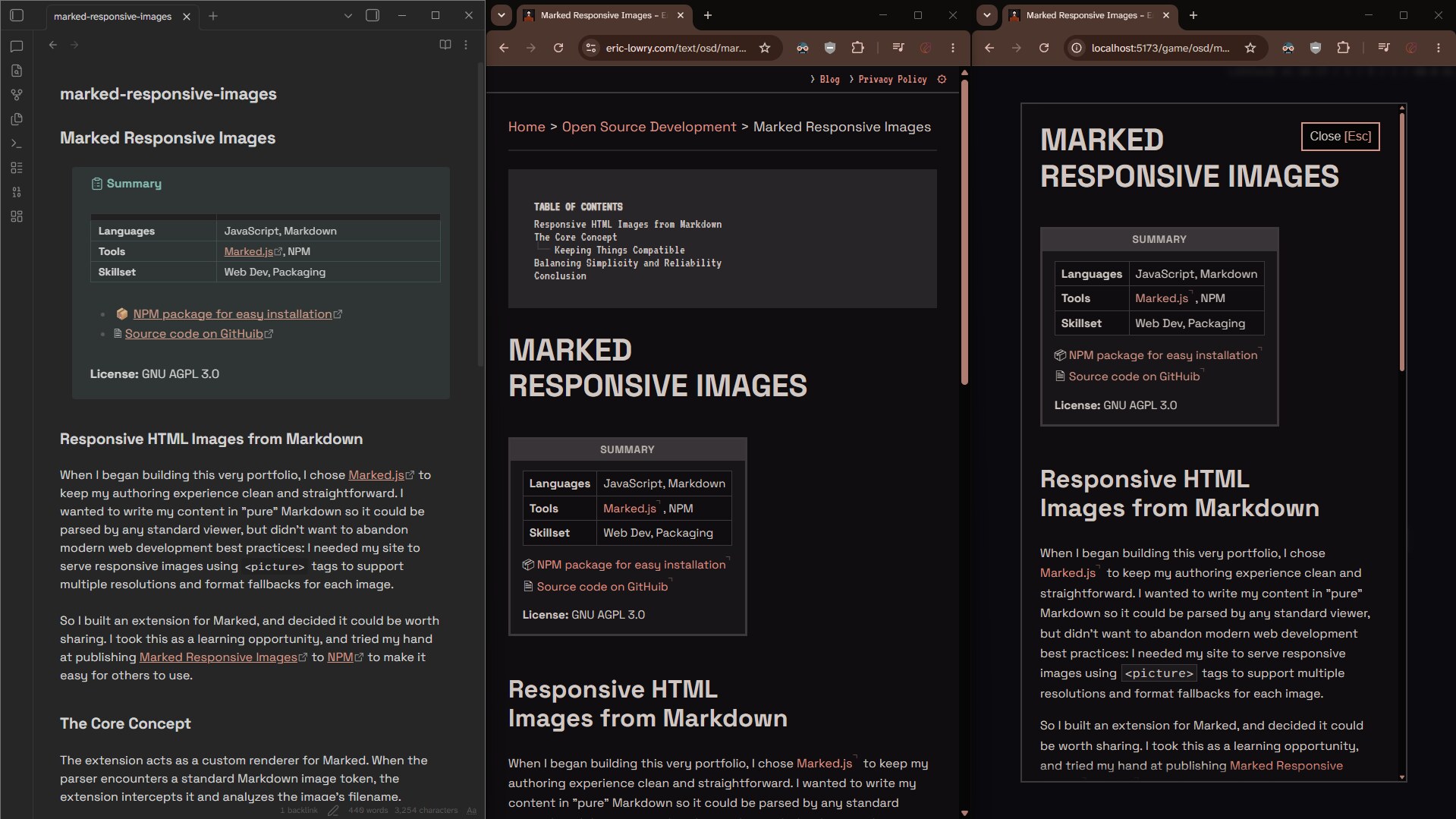 A screenshot showing the same page being edited in Obsidian, and displayed on the site in text mode, and in a modal popup in game mode