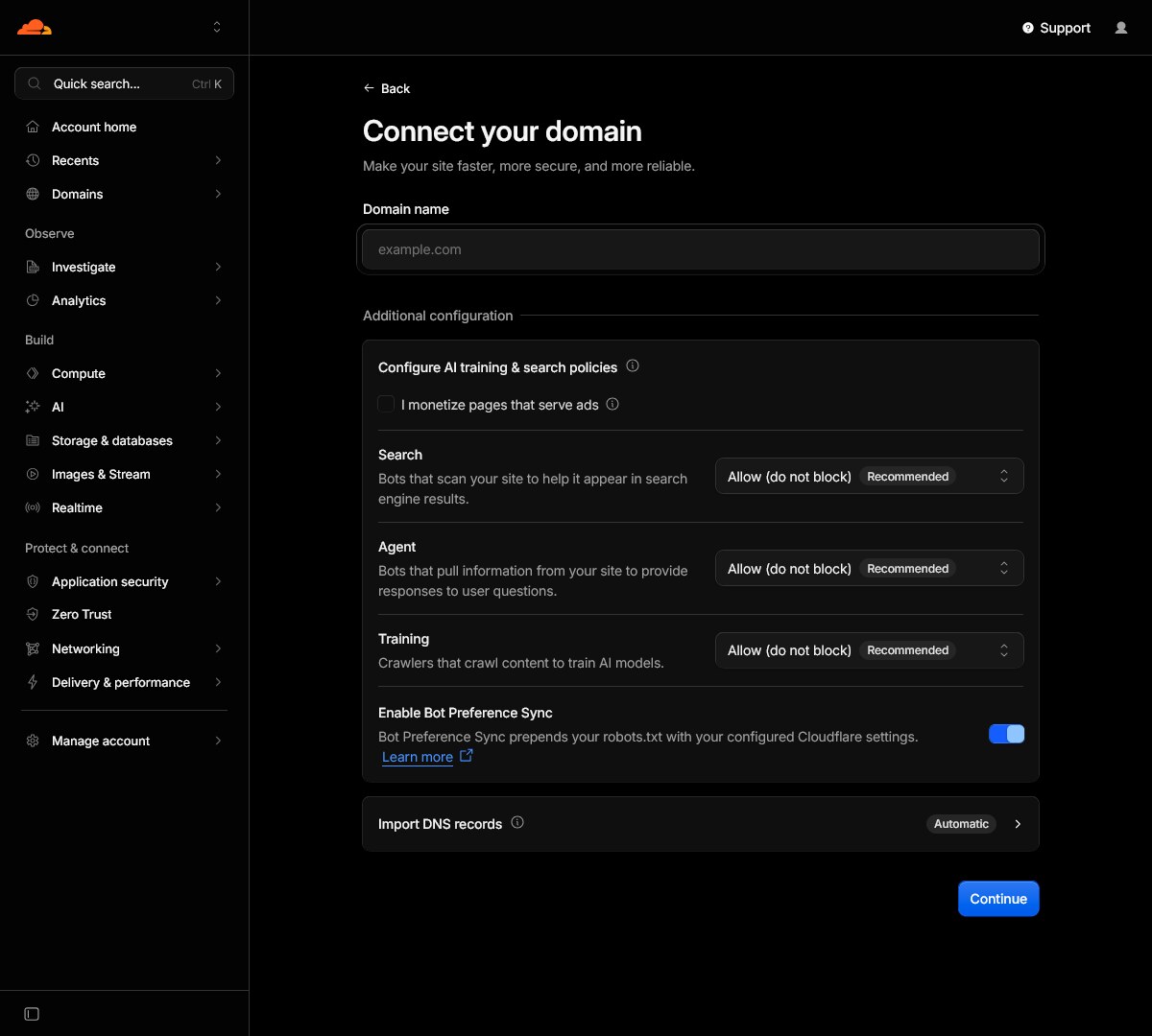 Screenshot of the Cloudflare dashboard's domain connection setup wizzard