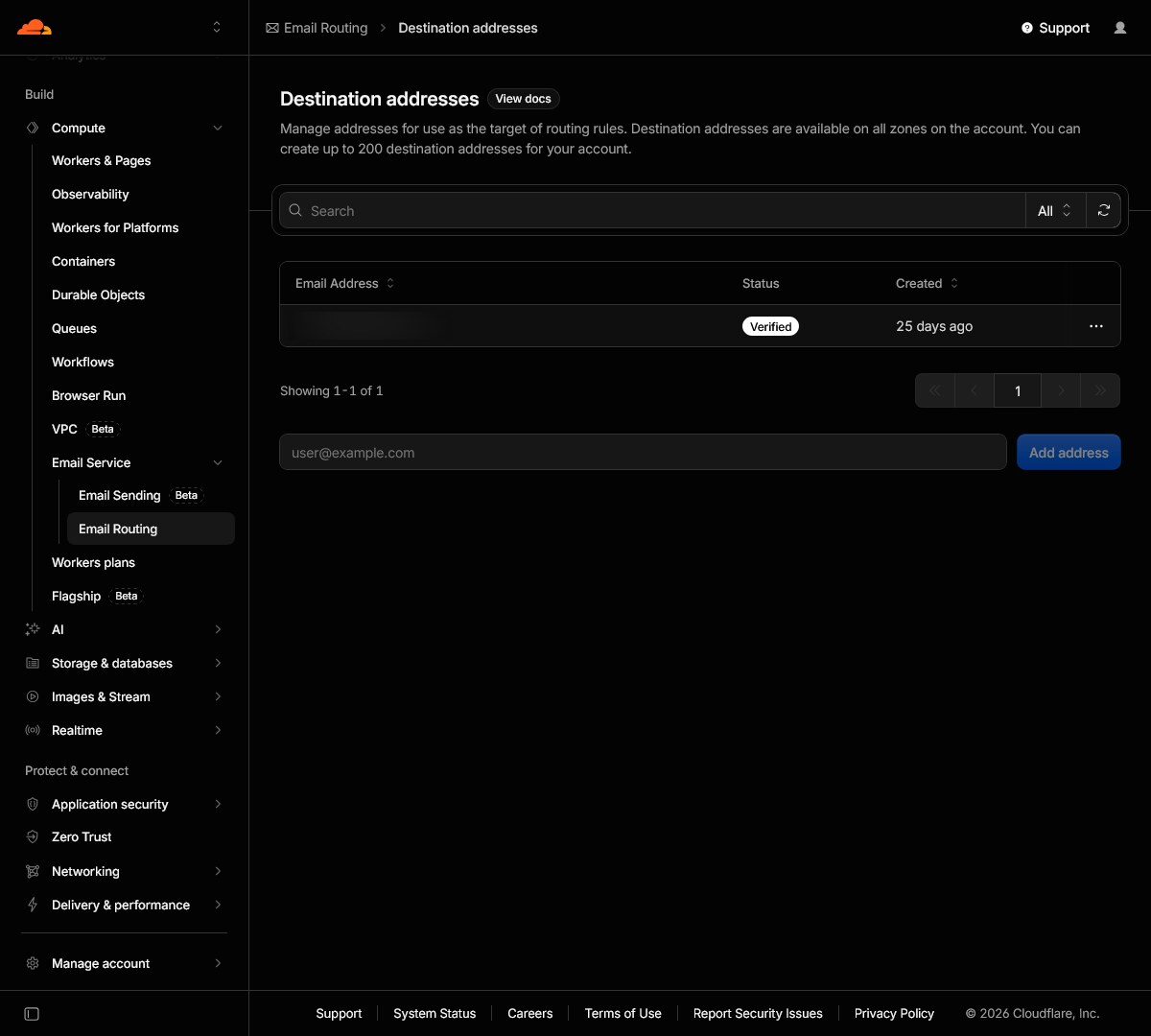 Screenshot of the Cloudflare dashboard's Email Routing destination addresses section