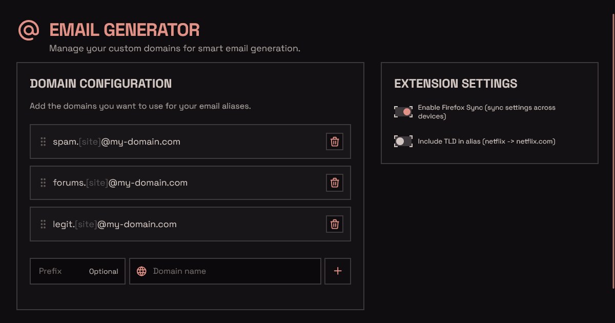 Screenshot of the Site-specific Email Generator extension's options page