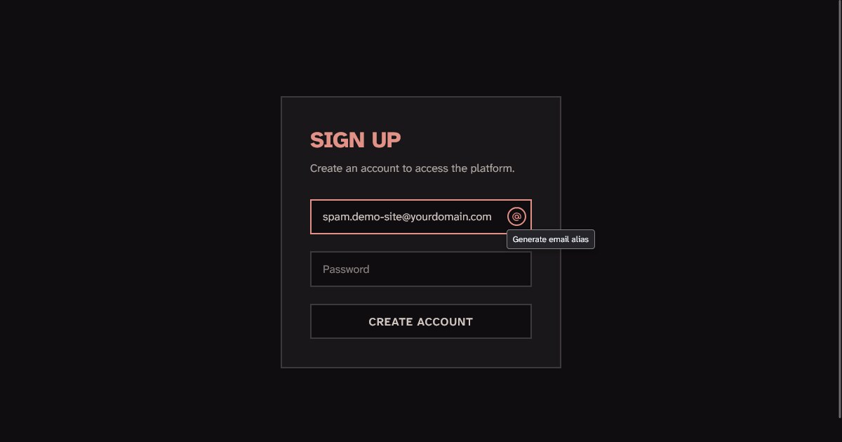 Screenshot of the Site-specific Email Generator injecting an alias into an email field