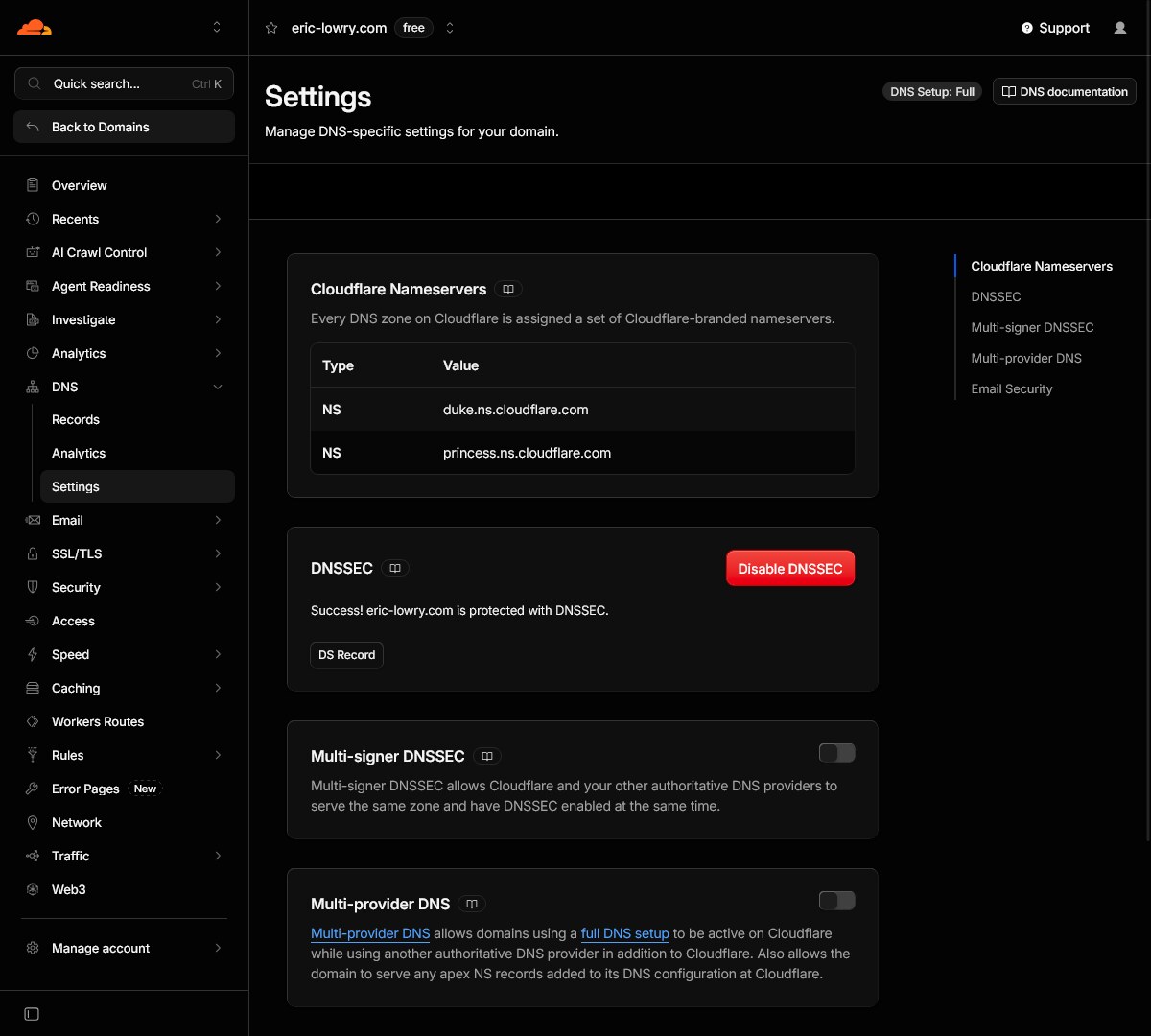 Screenshot of the Cloudflare dashboard's DNS settings page including nameserver info