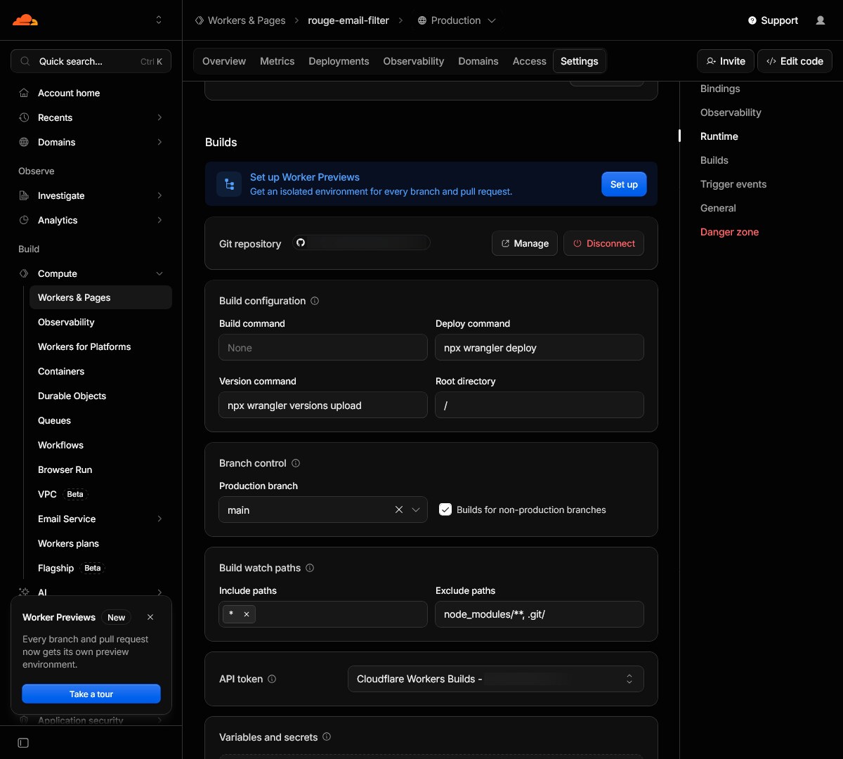 Screenshot of the Cloudflare dashboard's worker configuration page