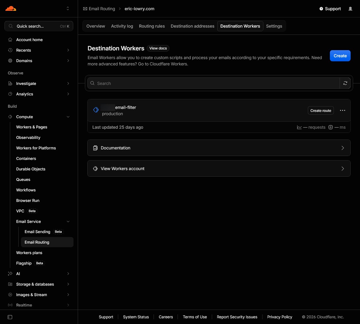 Screenshot of the Cloudflare dashboard's destination workers configuration page