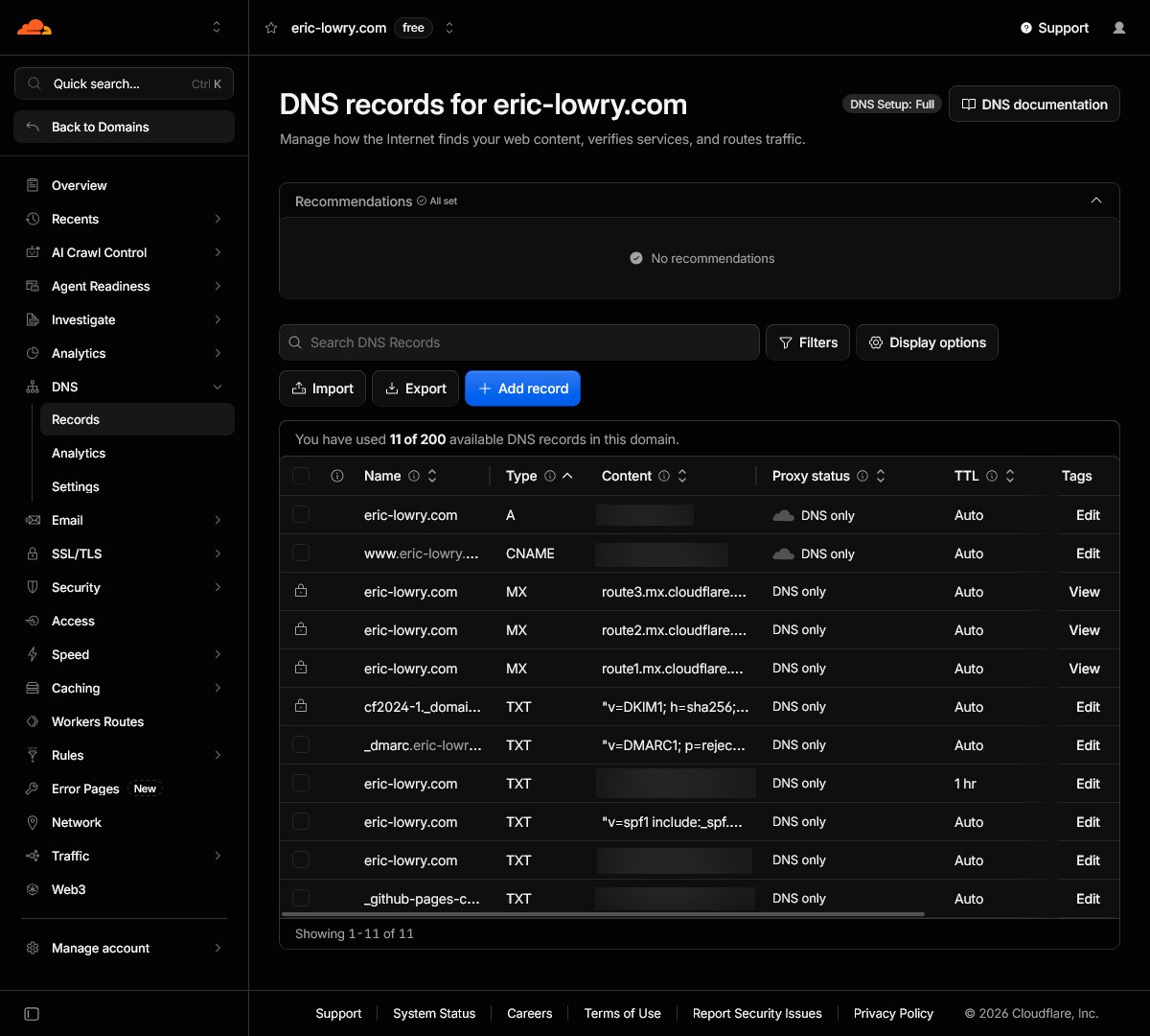 Screenshot of the Cloudflare dashboard's DNS records page