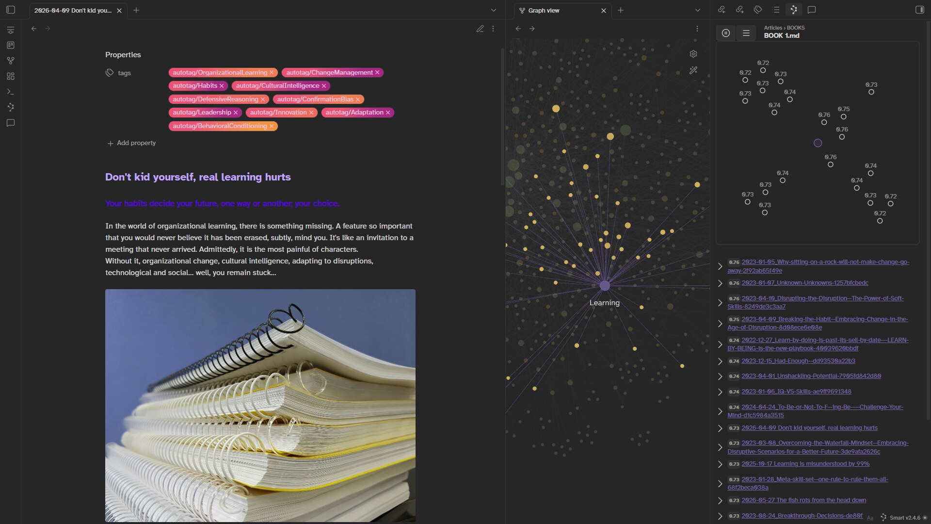 A screenshot of the DLS Obsidian vault with an article and its relationships to others