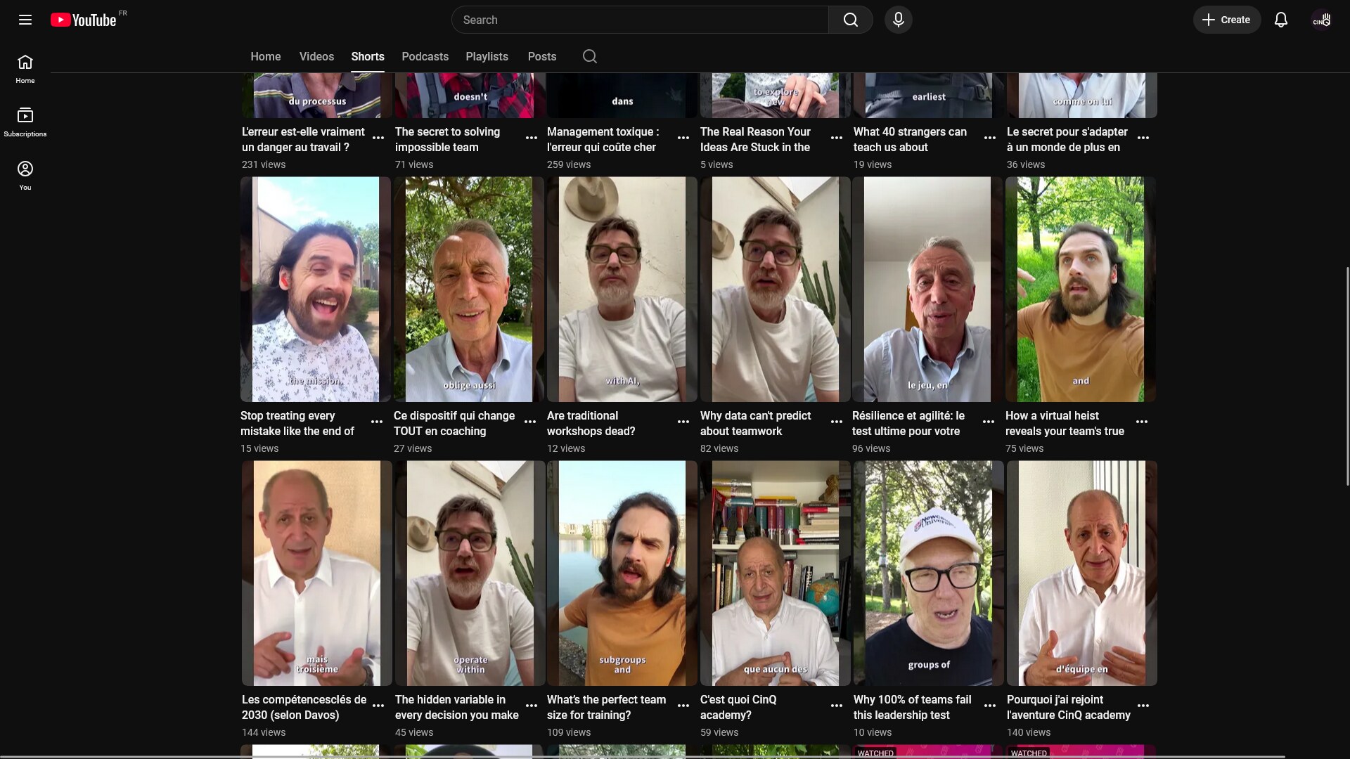 A screenshot of the CinQ YouTube Shorts feed