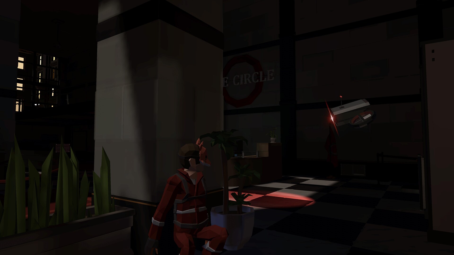 A screenshot of CinQ with a drone looking for a character in a red jumpsuit with a fox mask