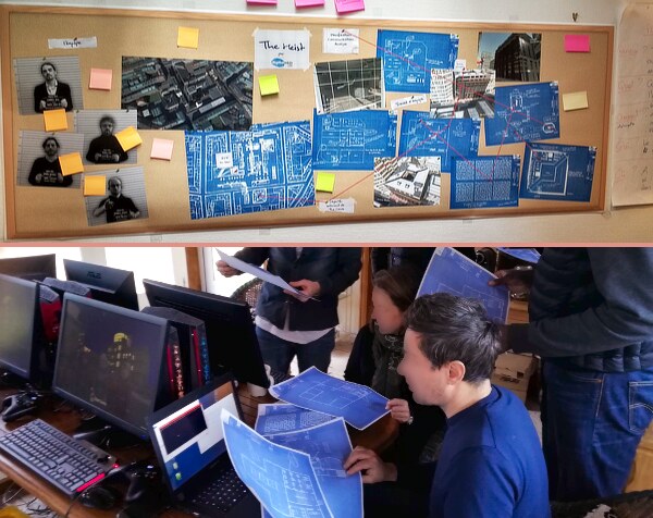 Photos of in-person The Heist events with people using physical maps to navigate