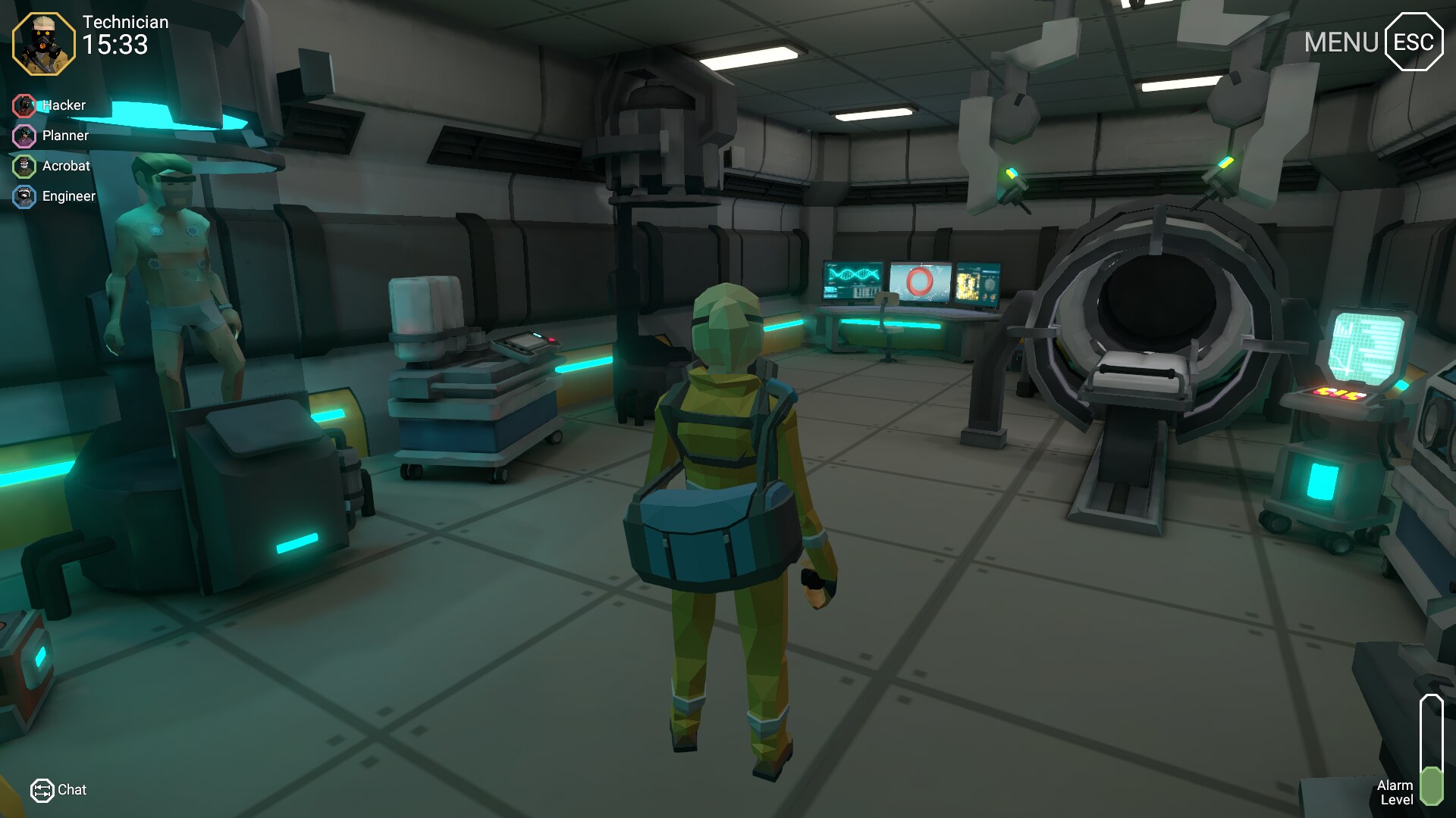 A screenshot of a CinQ character inside a futuristic laboratory