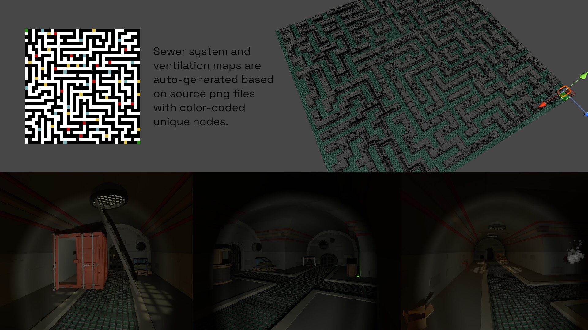 A montage showing how the sewer and ventilation system maps are generated based on a small png file with color-coded nodes and unique assets