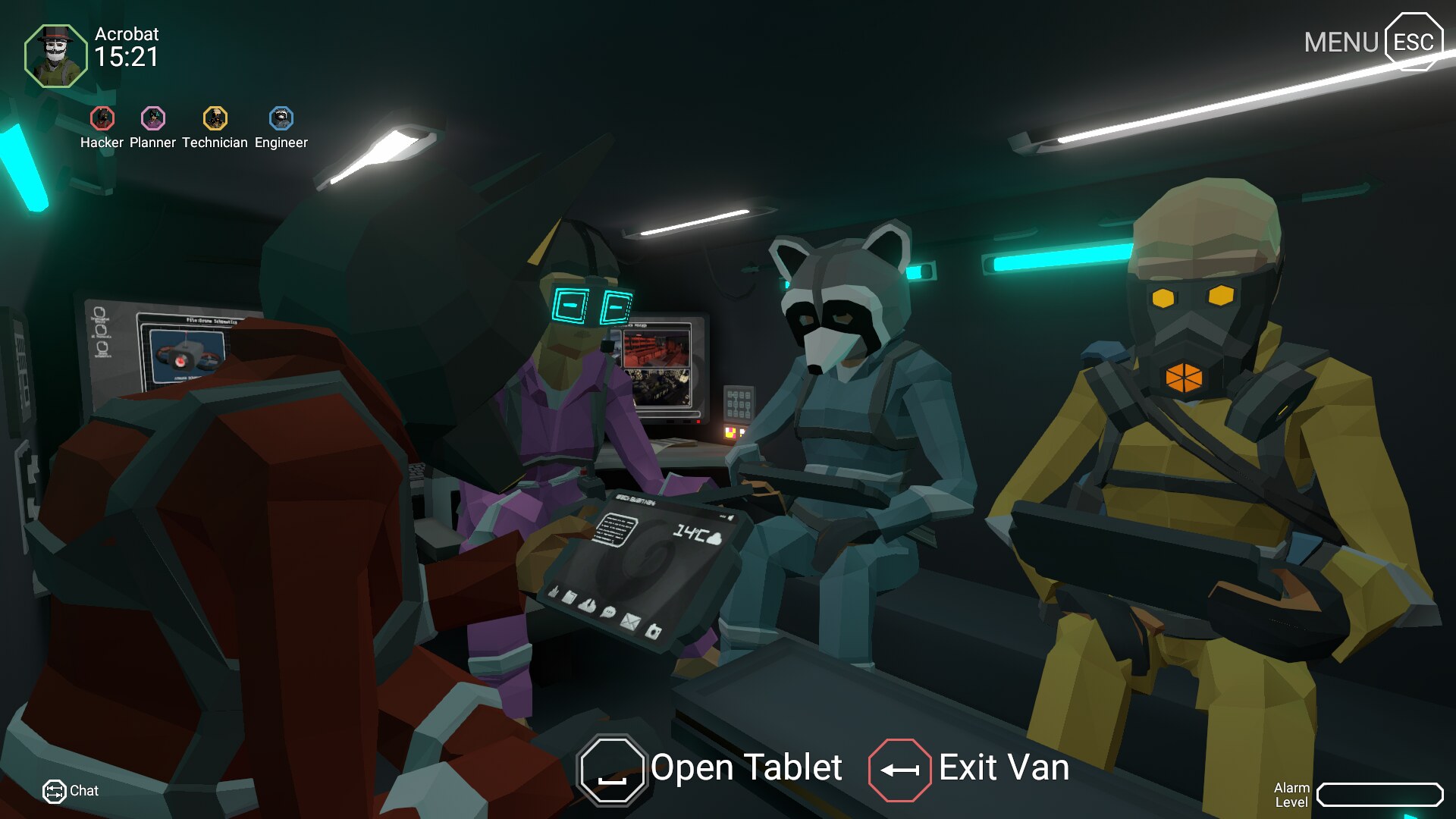 A screenshot of the CinQ characters planning their mission inside a van
