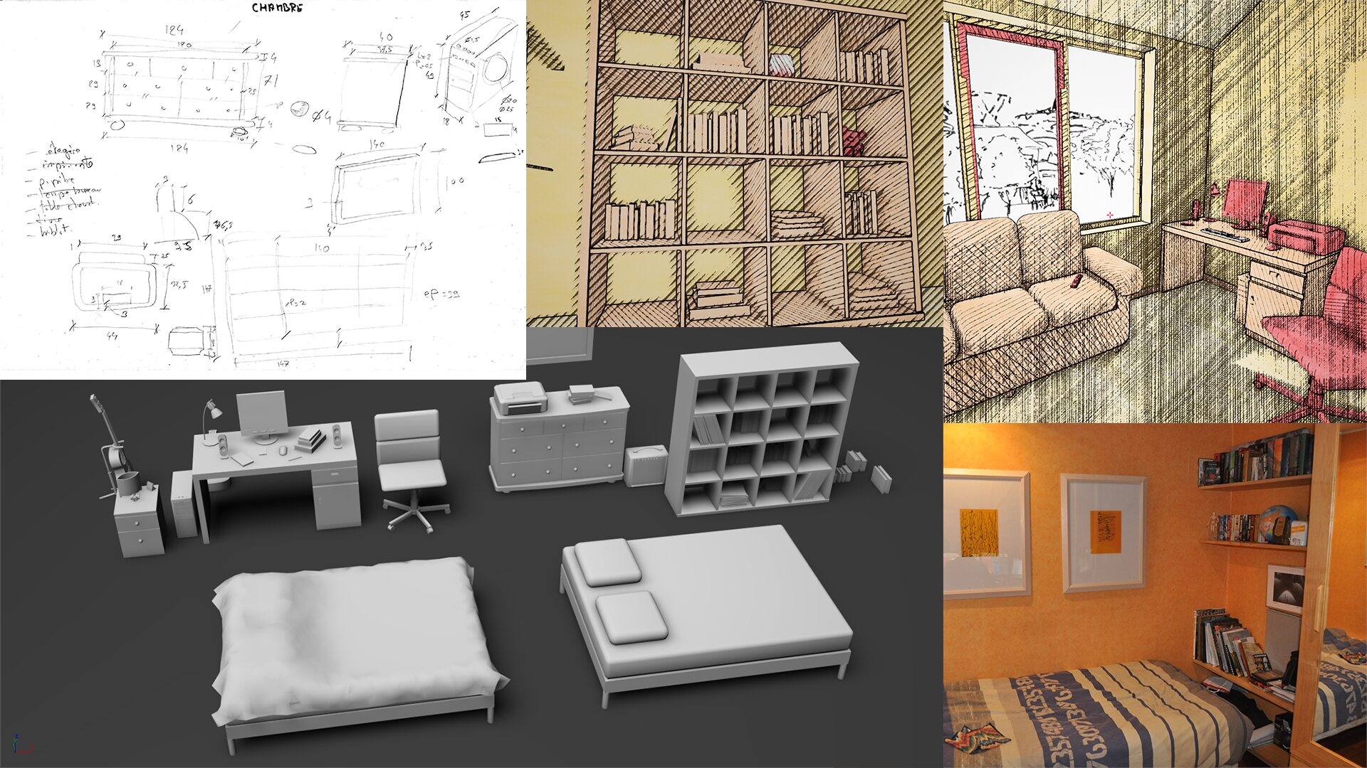 Preview of various steps of the 3D modeling process for the game