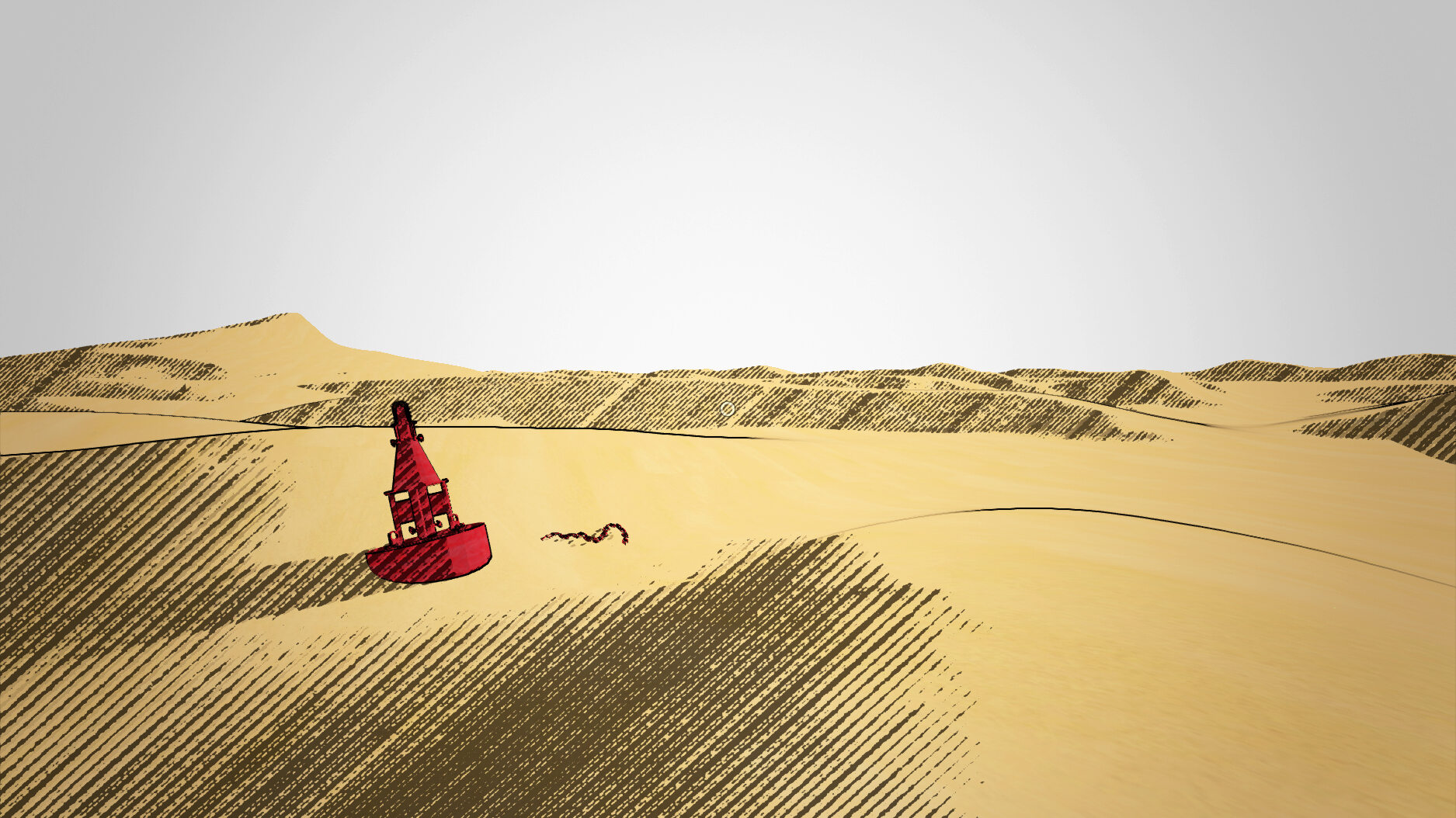 Artistically rendered view of a yellow desert with a red buoy