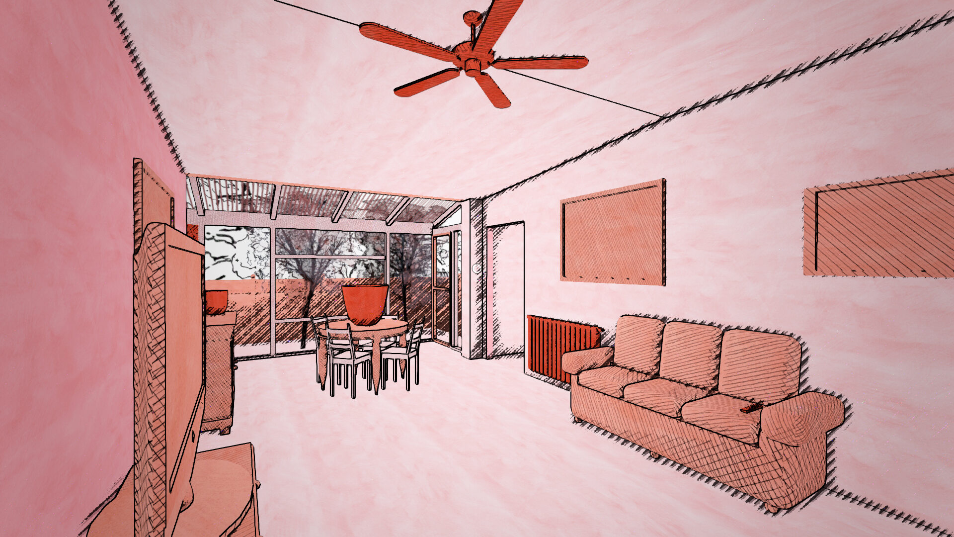 A screenshot of the living room level