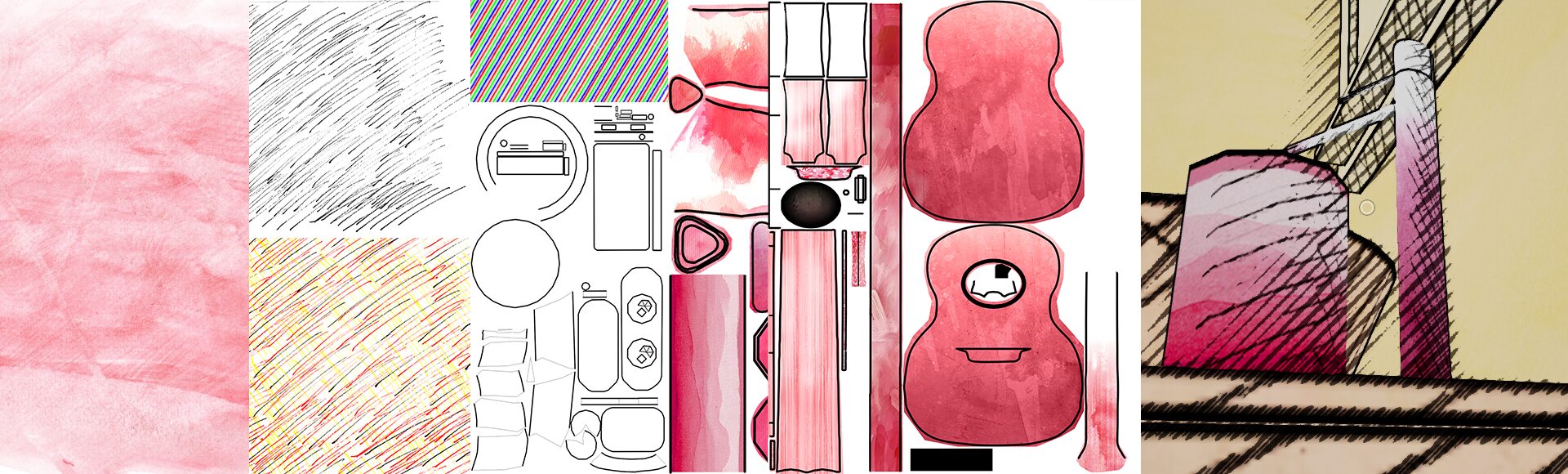Examples of the materials and shader work, including hand-painted textures, hatch texture maps, and hatched lighting effects