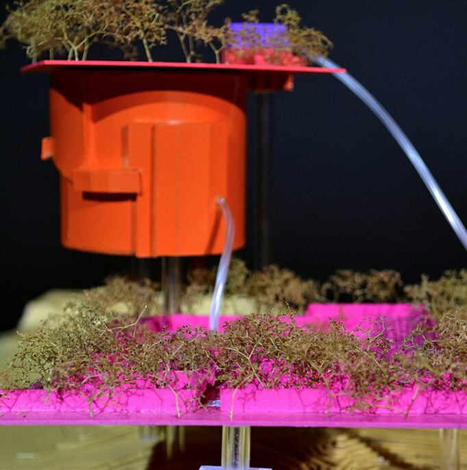 Detailed of the scale model of Unstant, with transparent tubing representing player teleportation