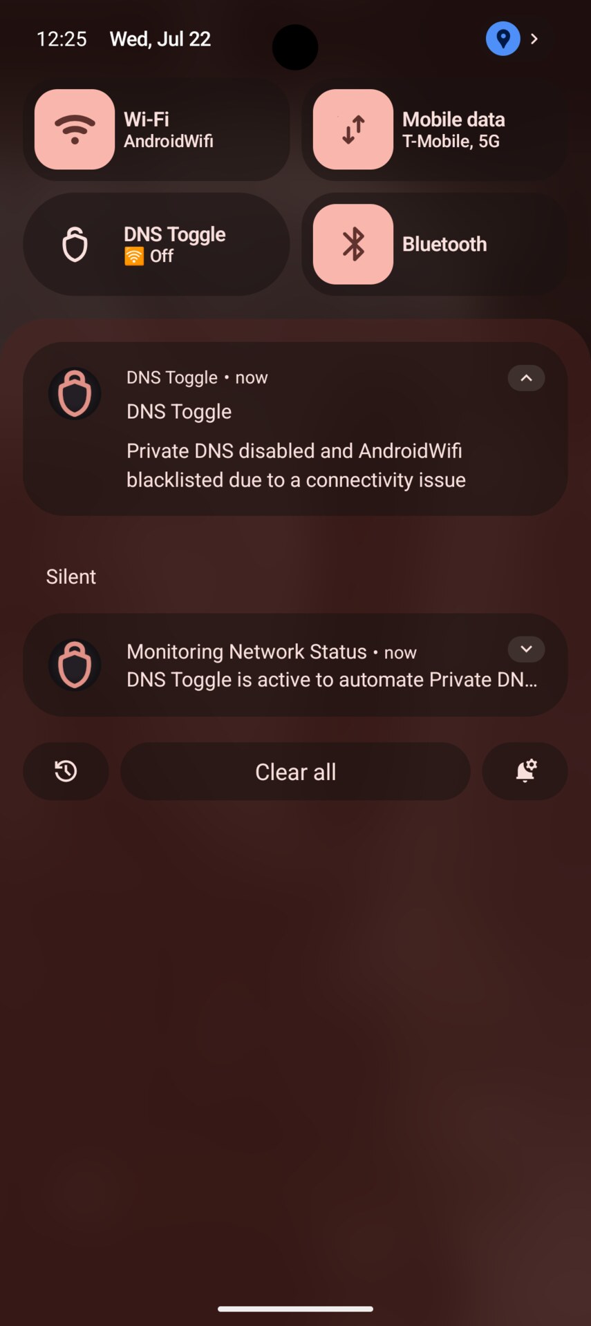 Screenshot of the Private DNS Quick Settings tile and optional feature notifications