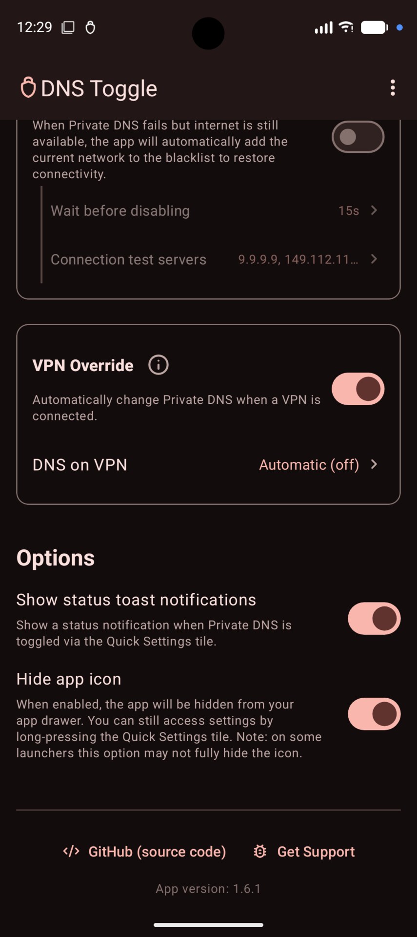 Screenshot of the second half of the DNS Toggle configuration menu