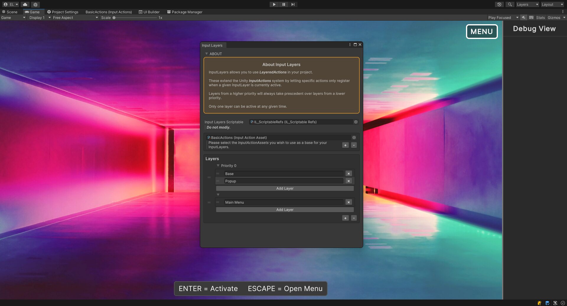 A screenshot of a Unity editor window with the InputLayers configuration menu open