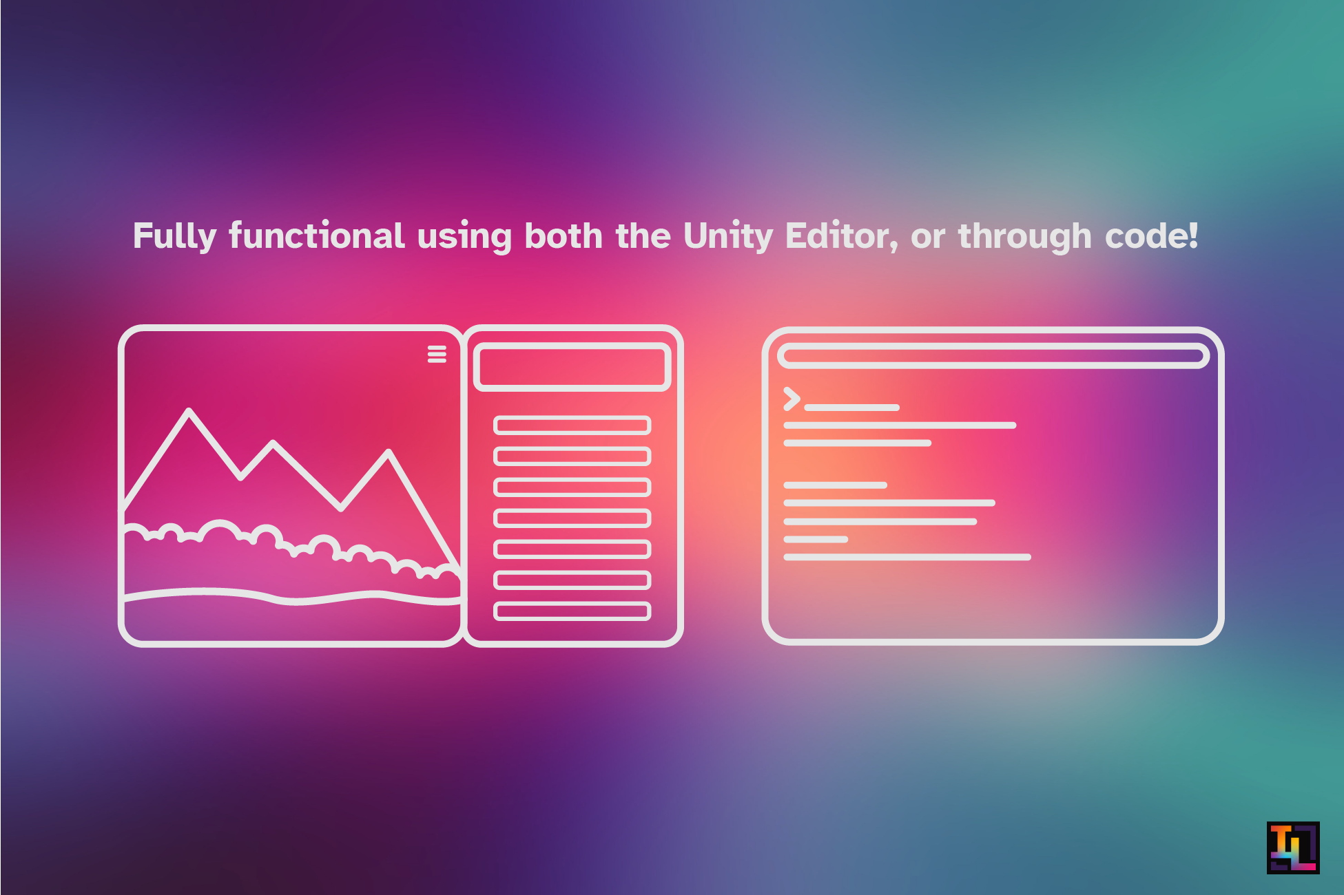 A graphic design indicating that InputLayers is fully functional using both the Unity Editor, or through code