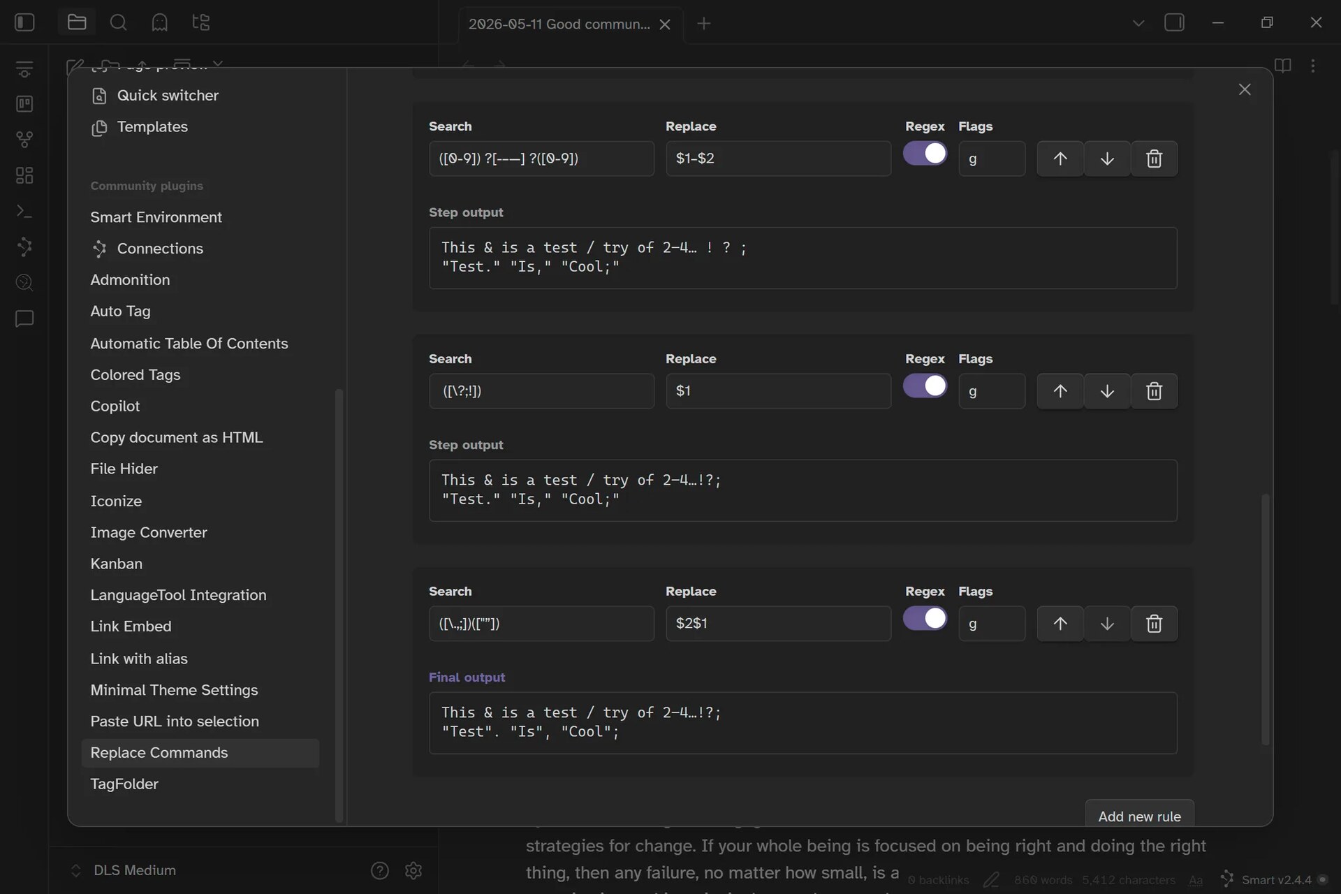 A screenshot of the Obsidian Replace Commands settings menu with live previews and regex patterns