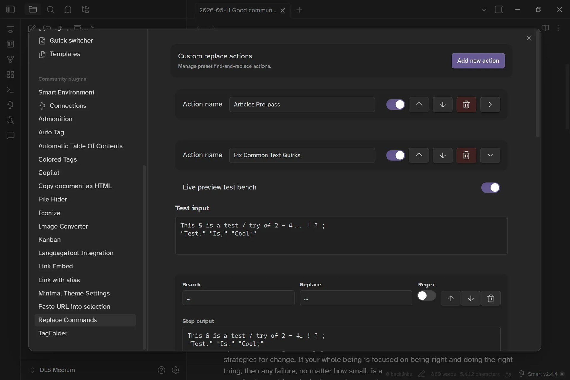 A screenshot of the Obsidian Replace Commands settings menu with a replace command being edited