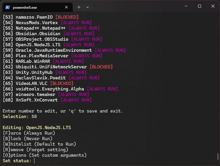 A screenshot of the WinGet Updater configuration screen