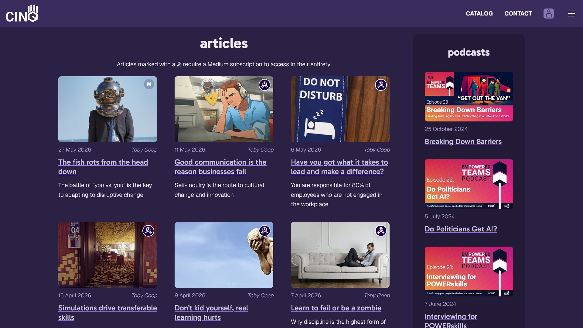 Screenshot of the CinQ articles and podcast listing