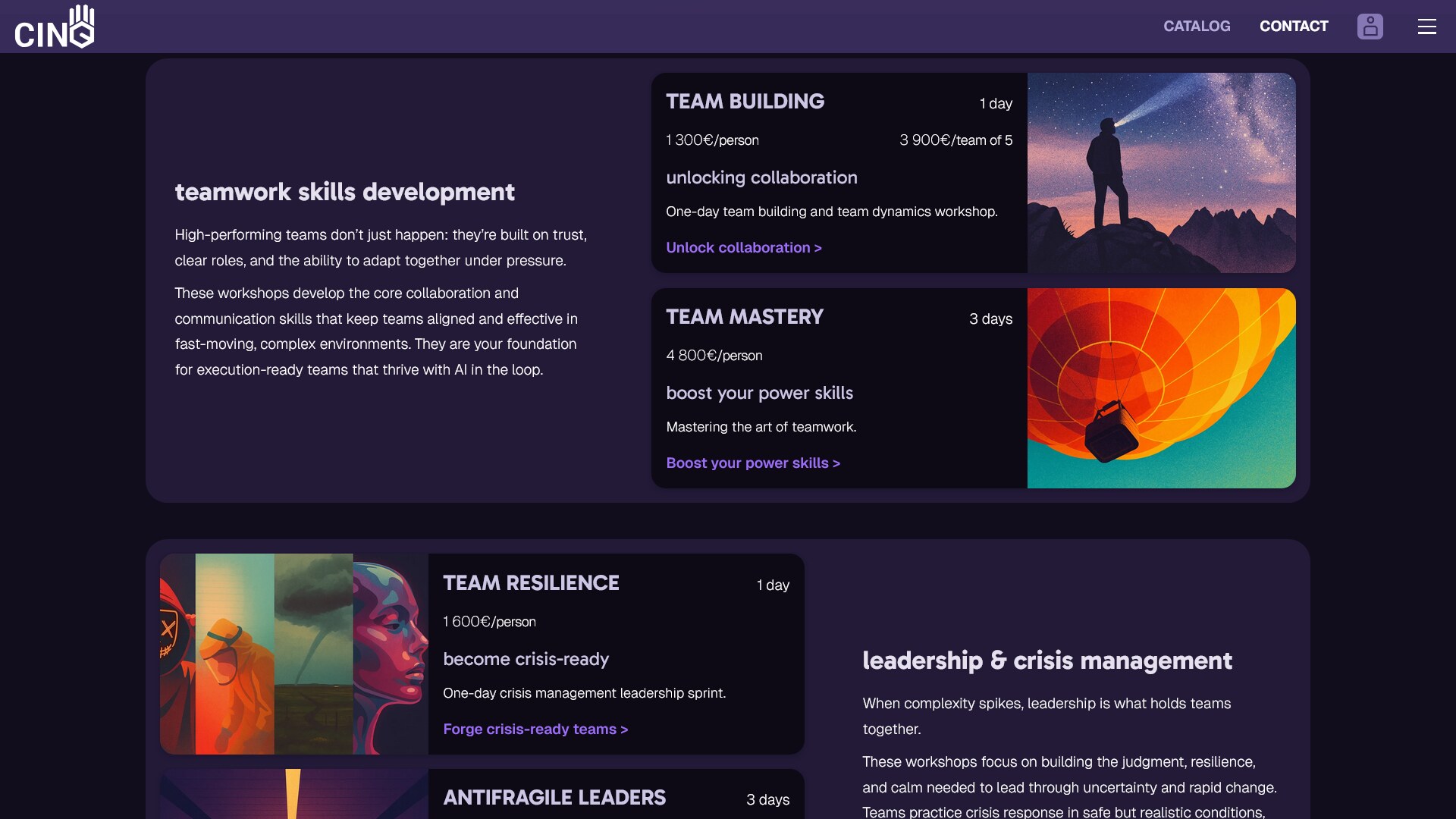 Screenshot of the CinQ workshops catalog