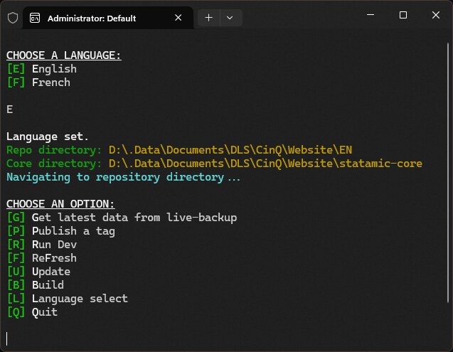 Screenshot of the CinQ website local development tool