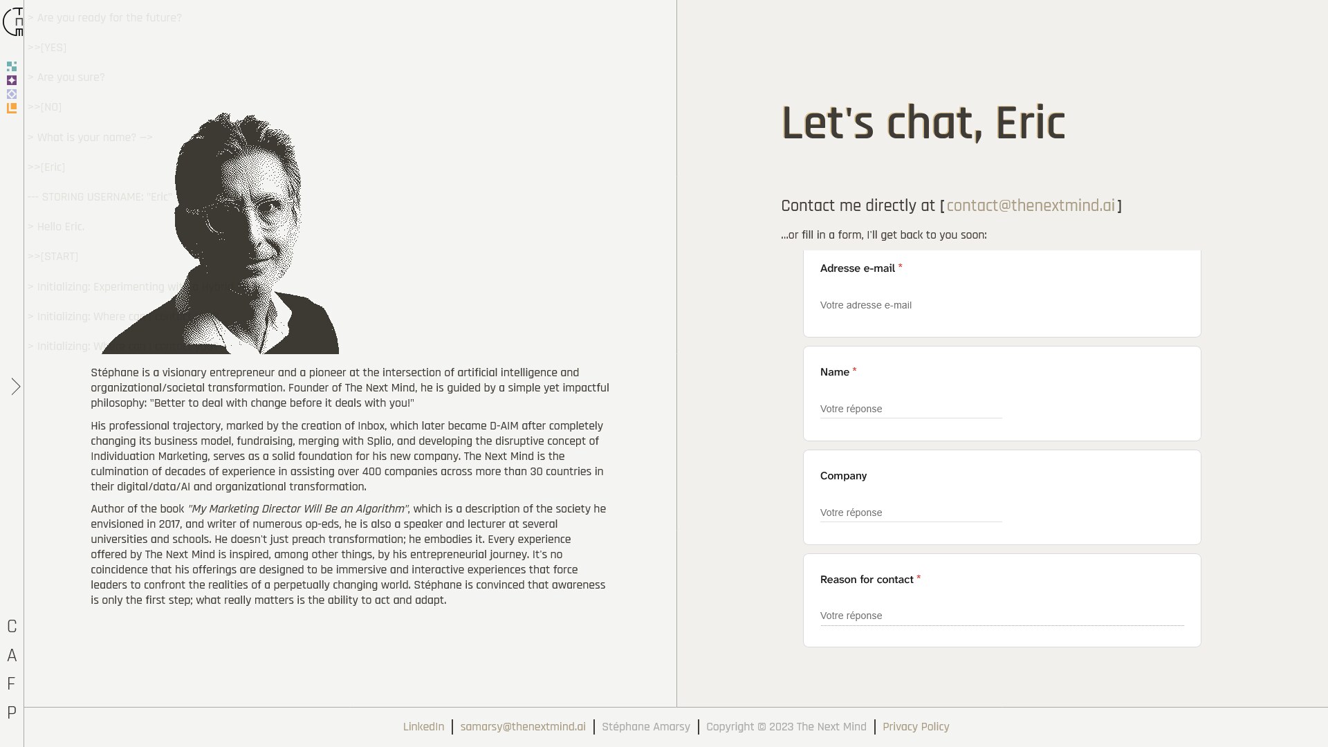 Screenshot of the contact page, with Google Forms integrated and a dynamically dithered portrait of Stéphane Amarsy